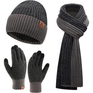 Winter Hat Long Neck Scarf Glove Set Skull Cap with Gifts for Unisex-Dark Gray